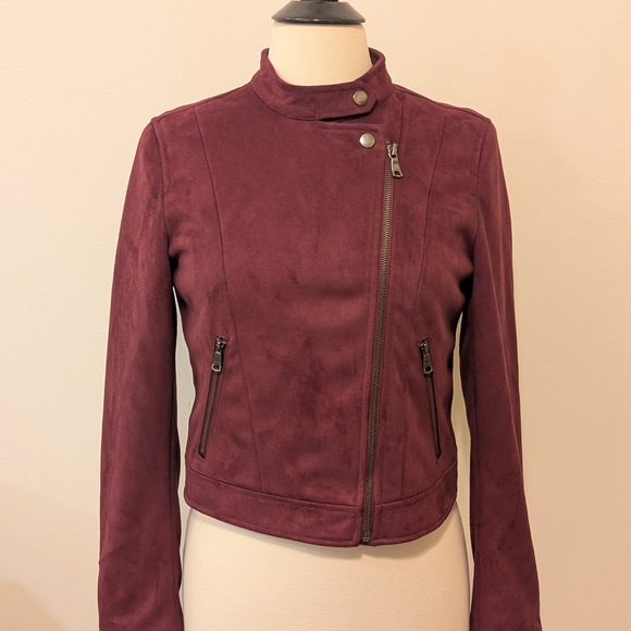 Banana Republic Women's Burgundy Faux Suede Moto Jacket Size Small - Picture 1 of 11